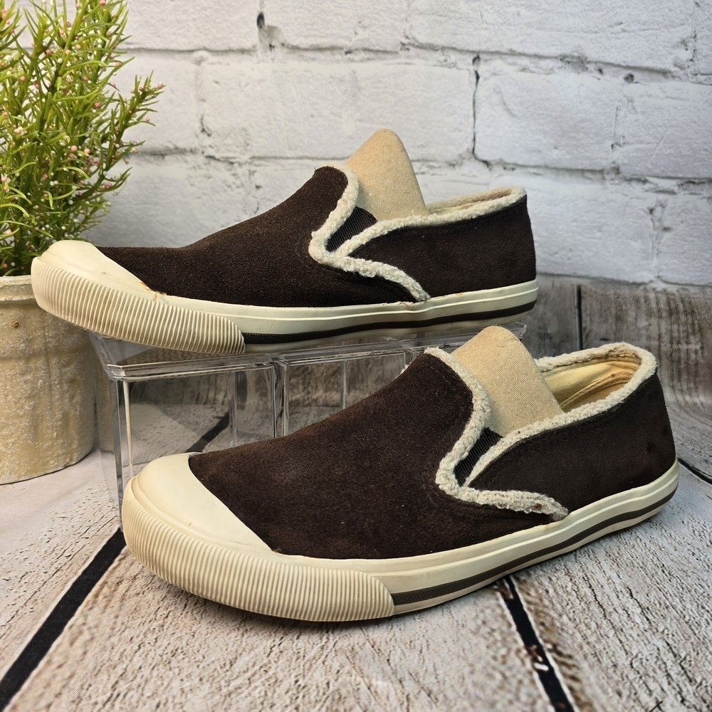 ALDO BROWN SUEDE SLIP ON SNEAKER LOAFER CREAM TRIM WOMENS SIZE 39 EURO